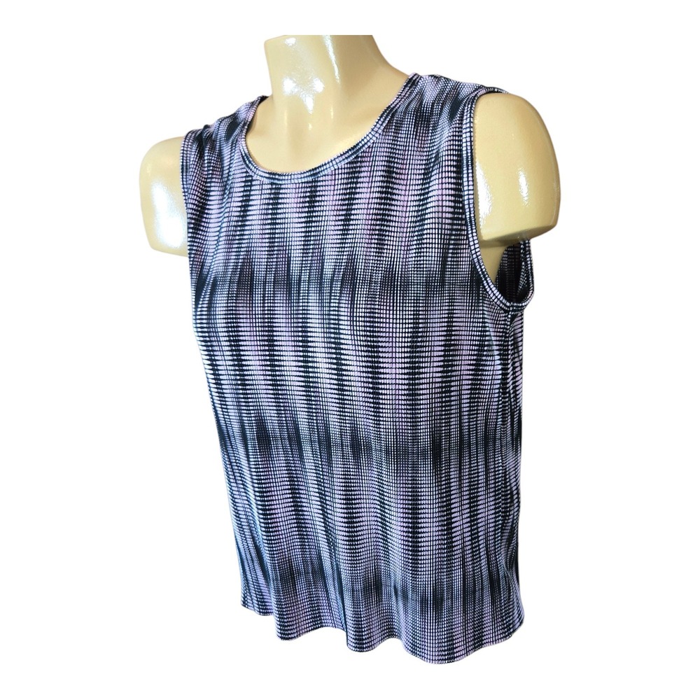 Le Pleat Womens Size Large Sleeveless Blouse Top Pink Black Geometric Print‎